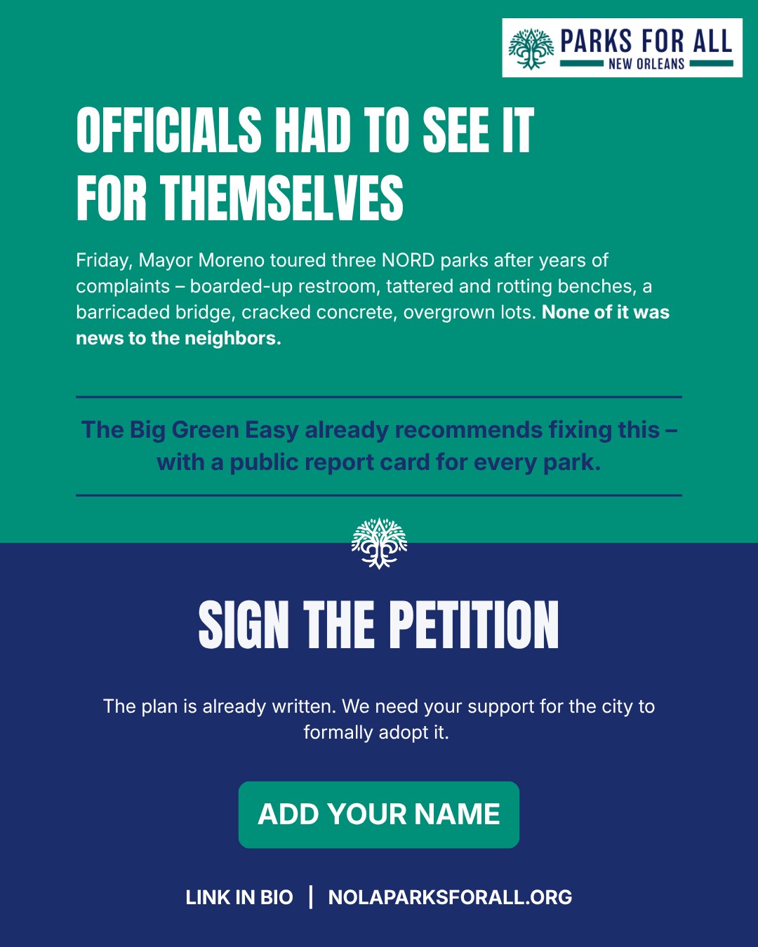 Parks For All Instagram post: officials had to see it for themselves, sign the petition
